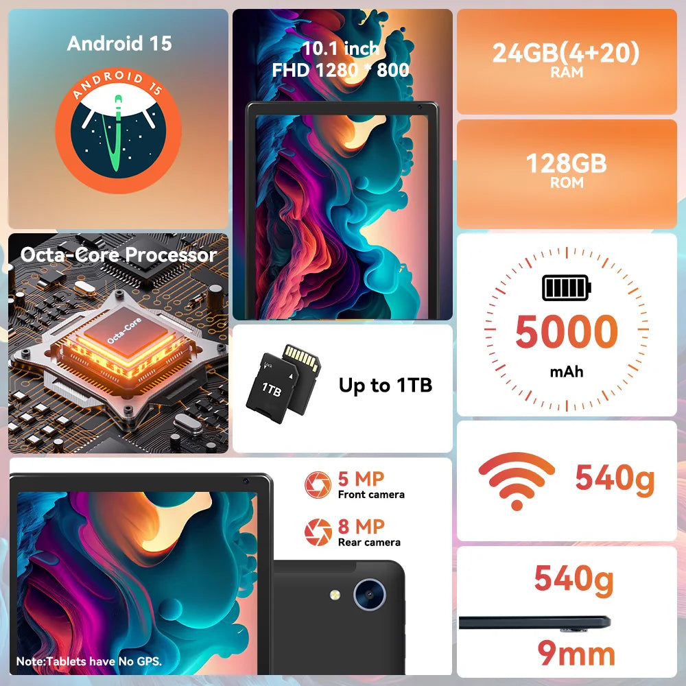 10.1 Inch Android 15 Tablet 8 Core Tablets 24GB+128GB 1TB