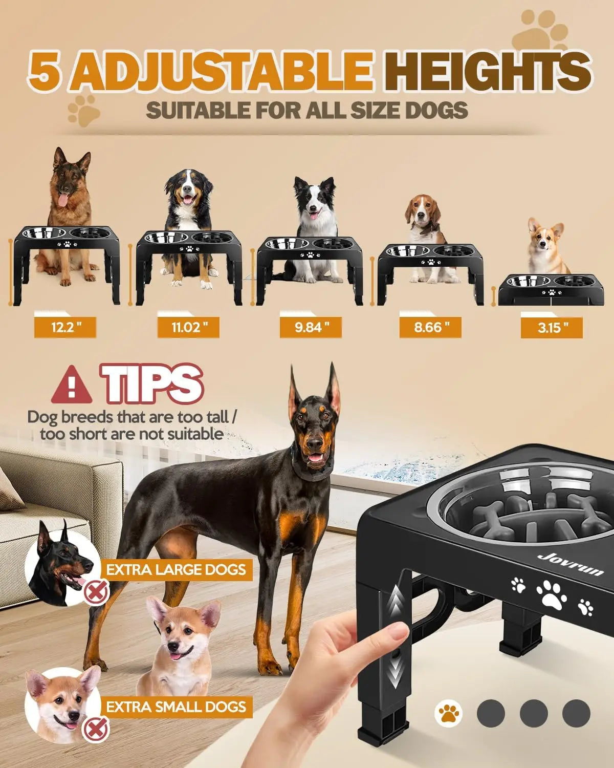 5 Heights Adjustable Elevated Dog Bowls Stainless Steel Slow Feeder Bowl Anti-Slip Raised Stand for Medium Large Dogs