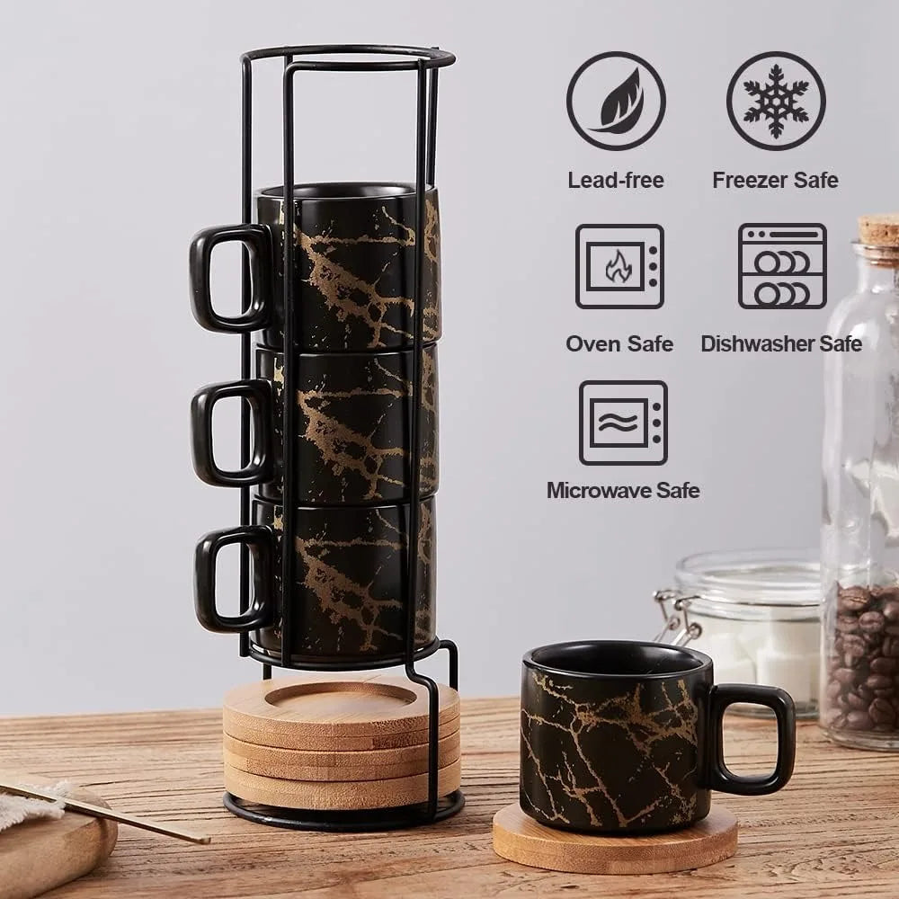 4-Ounce Stackable Porcelain Espresso Cup Set with Saucers and Metal Stand