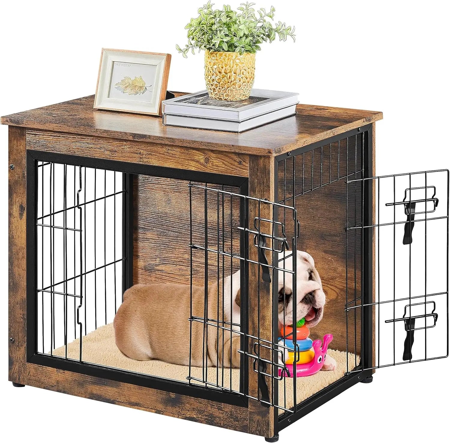 27.5 Inch Wooden Dog Crate with Cushion, Double Door Kennel Side Table