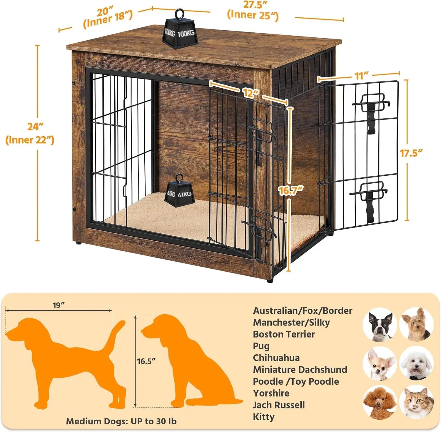 27.5 Inch Wooden Dog Crate with Cushion, Double Door Kennel Side Table