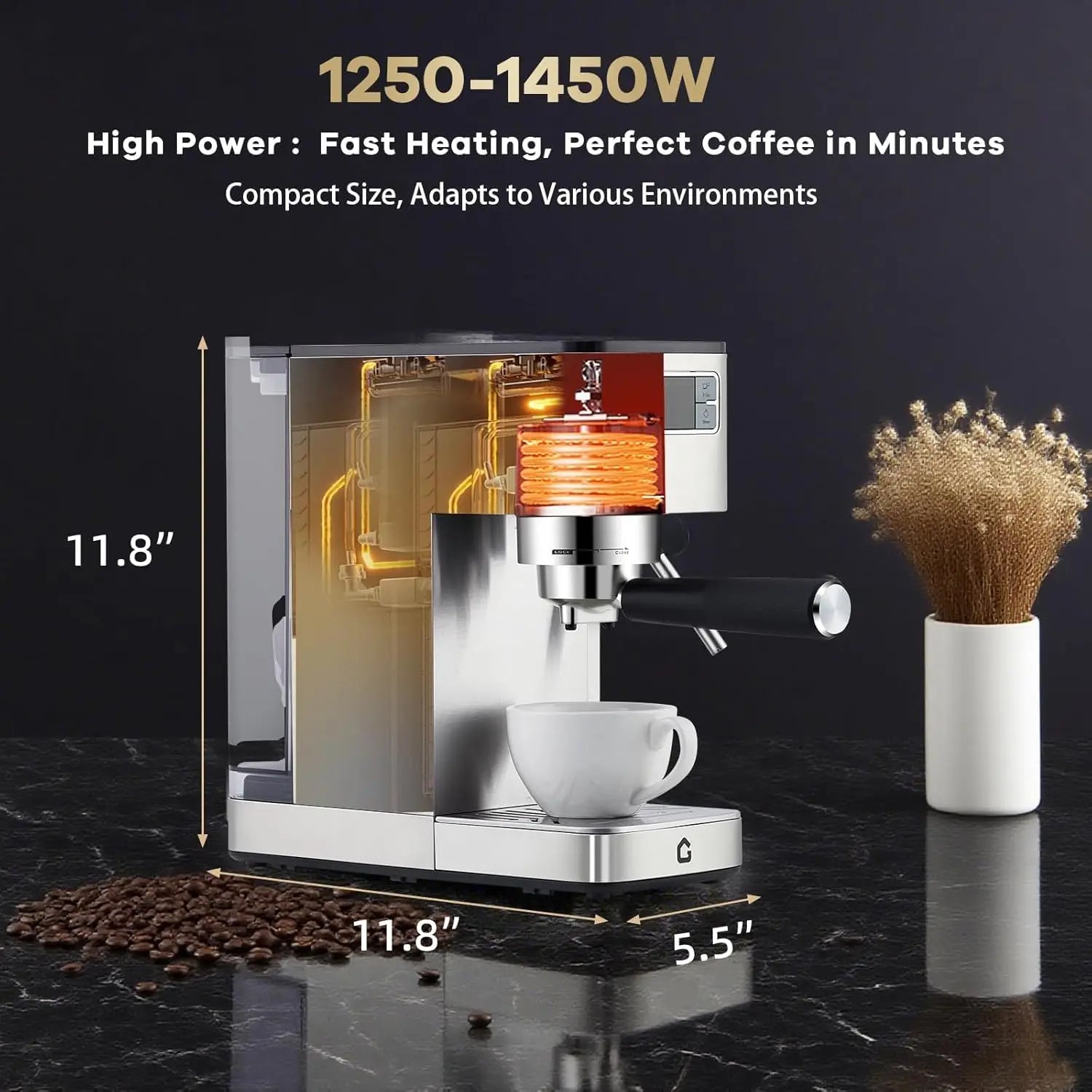 20-Bar Espresso Machine With Steam Milk Frother Stainless Steel 34oz