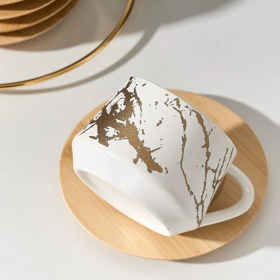 Ceramic Espresso Cups with Saucers and Metal Stand Small 4 oz Porcelain Demitasse Cups