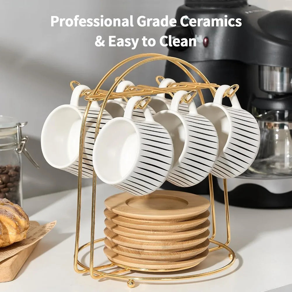 Ceramic Espresso Cup Set with Saucers and Metal Holder,