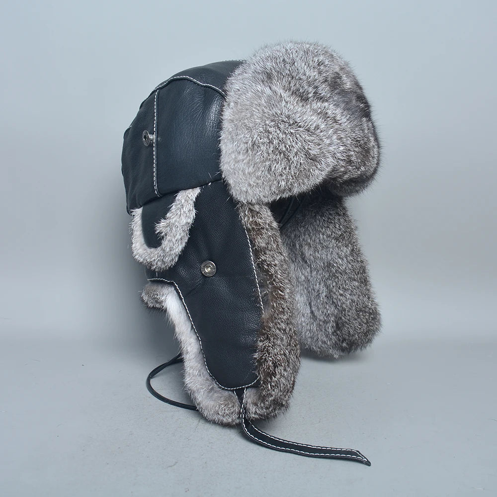 New Winter Men  Rabbit Fur Bomber Hat Genuine Sheepskin Leather