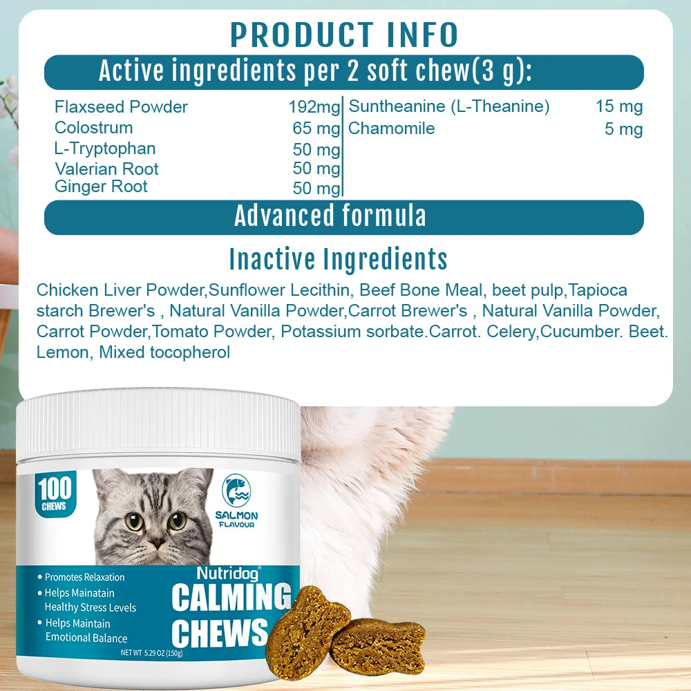NUTRIDOG Cat Calming Chews Promote Cats Relaxation Moods Calmer Relieve Stress 100 PCS/Bottle