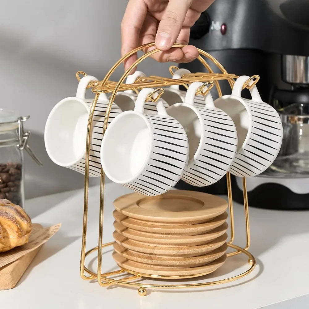 Ceramic Espresso Cup Set with Saucers and Metal Holder,