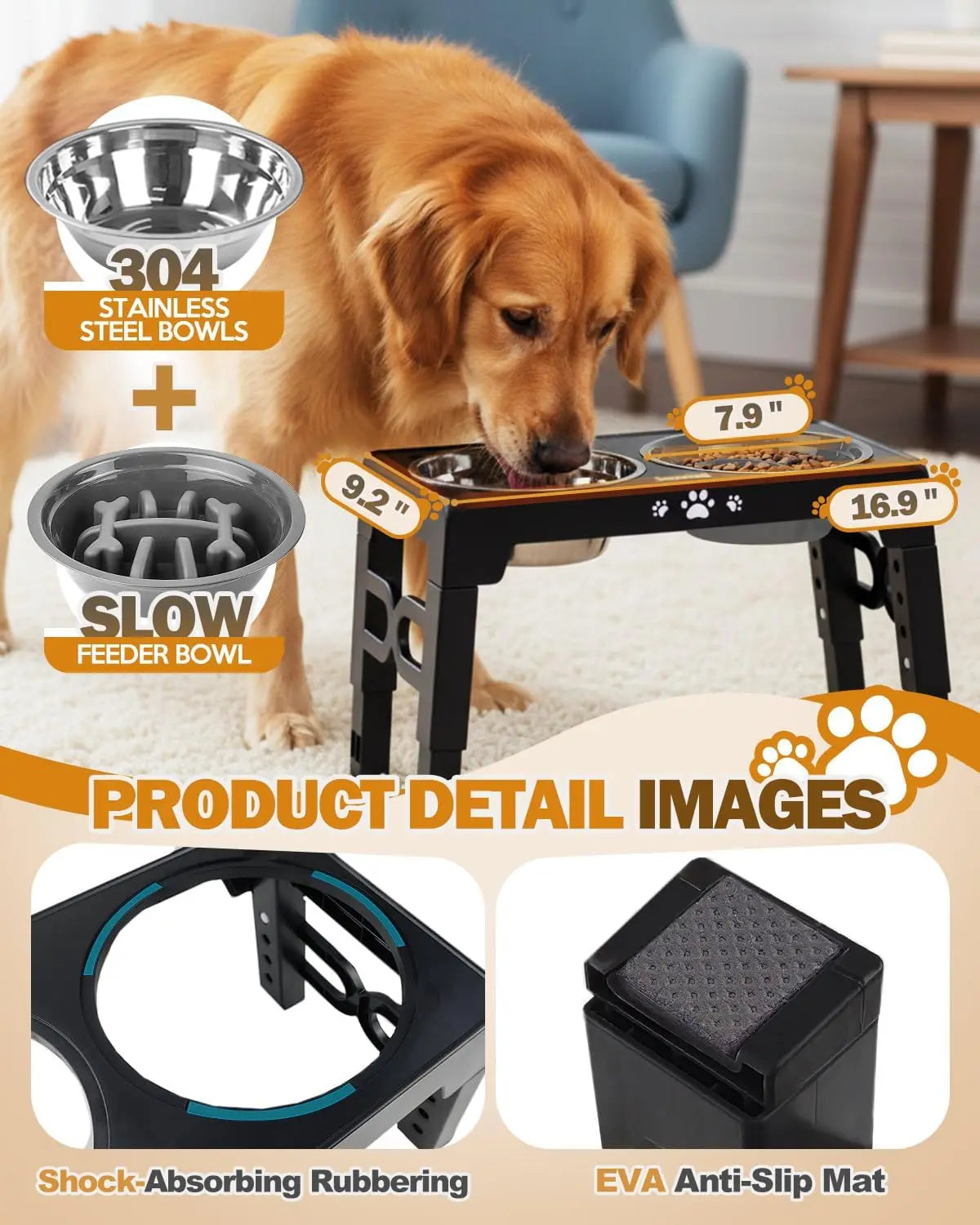 5 Heights Adjustable Elevated Dog Bowls Stainless Steel Slow Feeder Bowl Anti-Slip Raised Stand for Medium Large Dogs