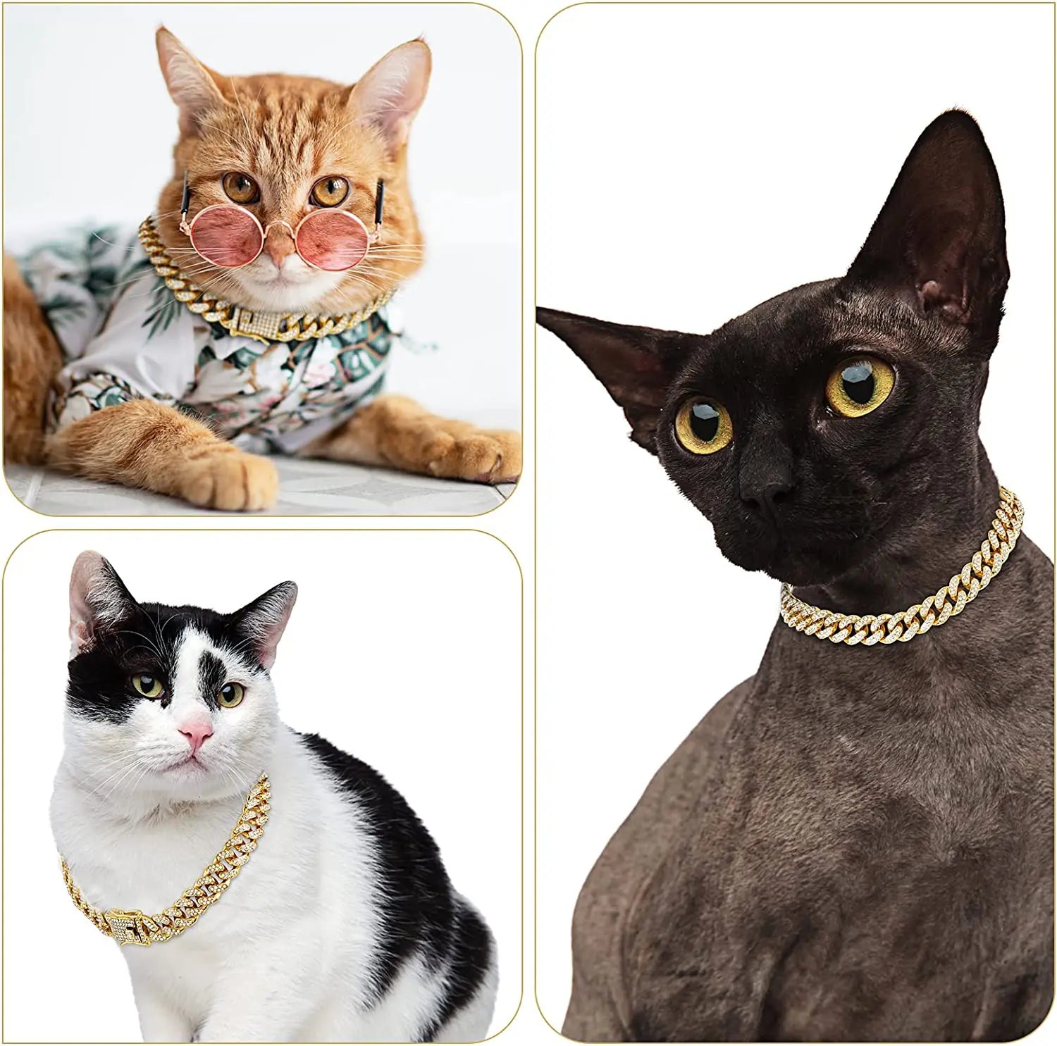 Luxury Cuban Link Cat Necklace Jewelry Rhinestone Collar Cat Gold Chain