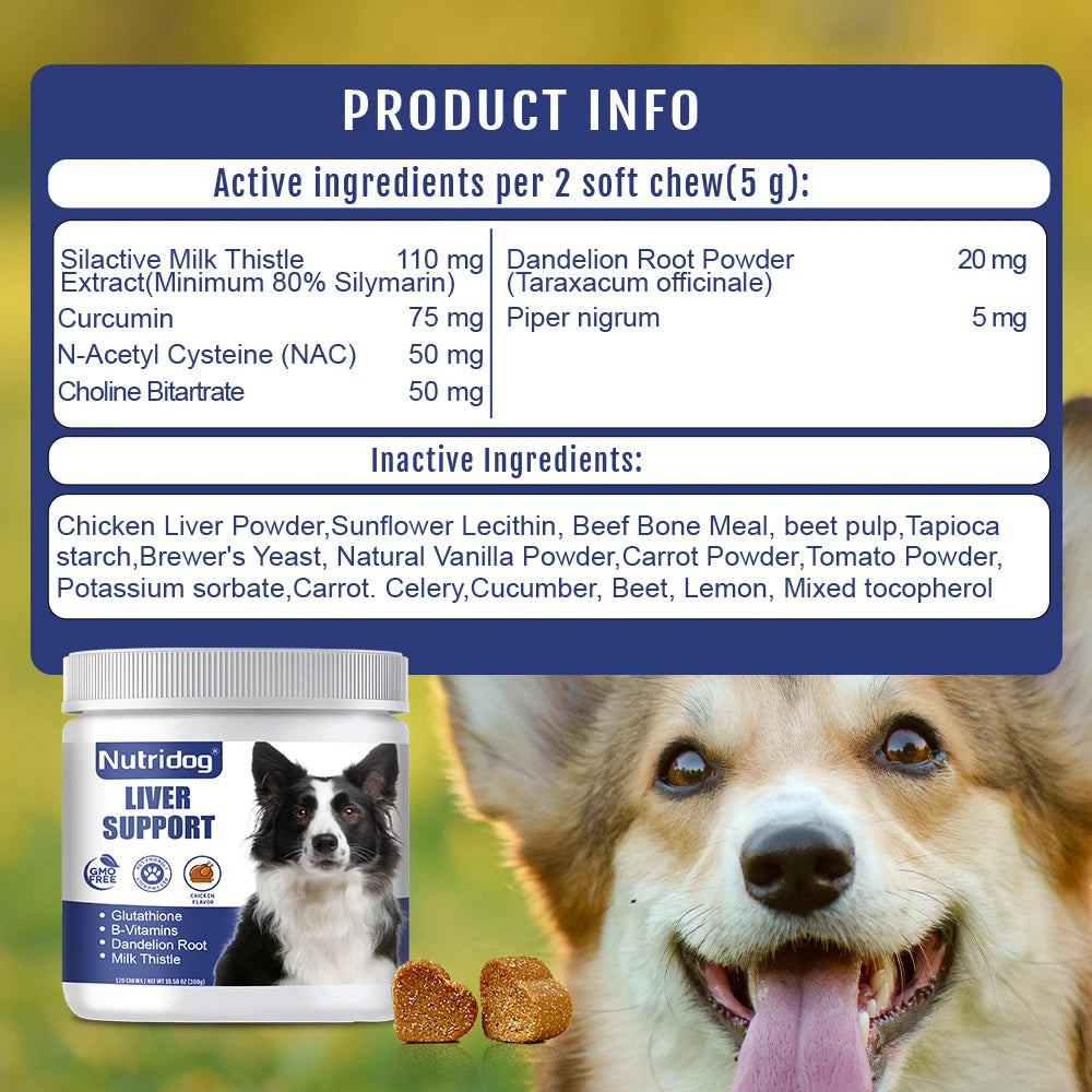 NUTRIDOG Dog Liver Support Chews Milk Thistle Curcumin Livers Detox  120 PCS/Bottle