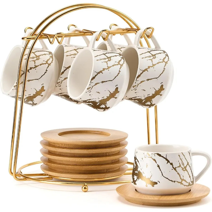 Ceramic Espresso Cups with Saucers and Metal Stand Small 4 oz Porcelain Demitasse Cups