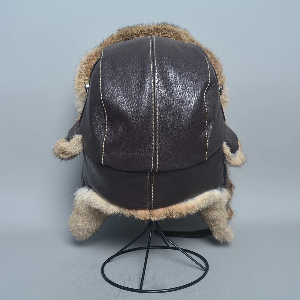 New Winter Men  Rabbit Fur Bomber Hat Genuine Sheepskin Leather
