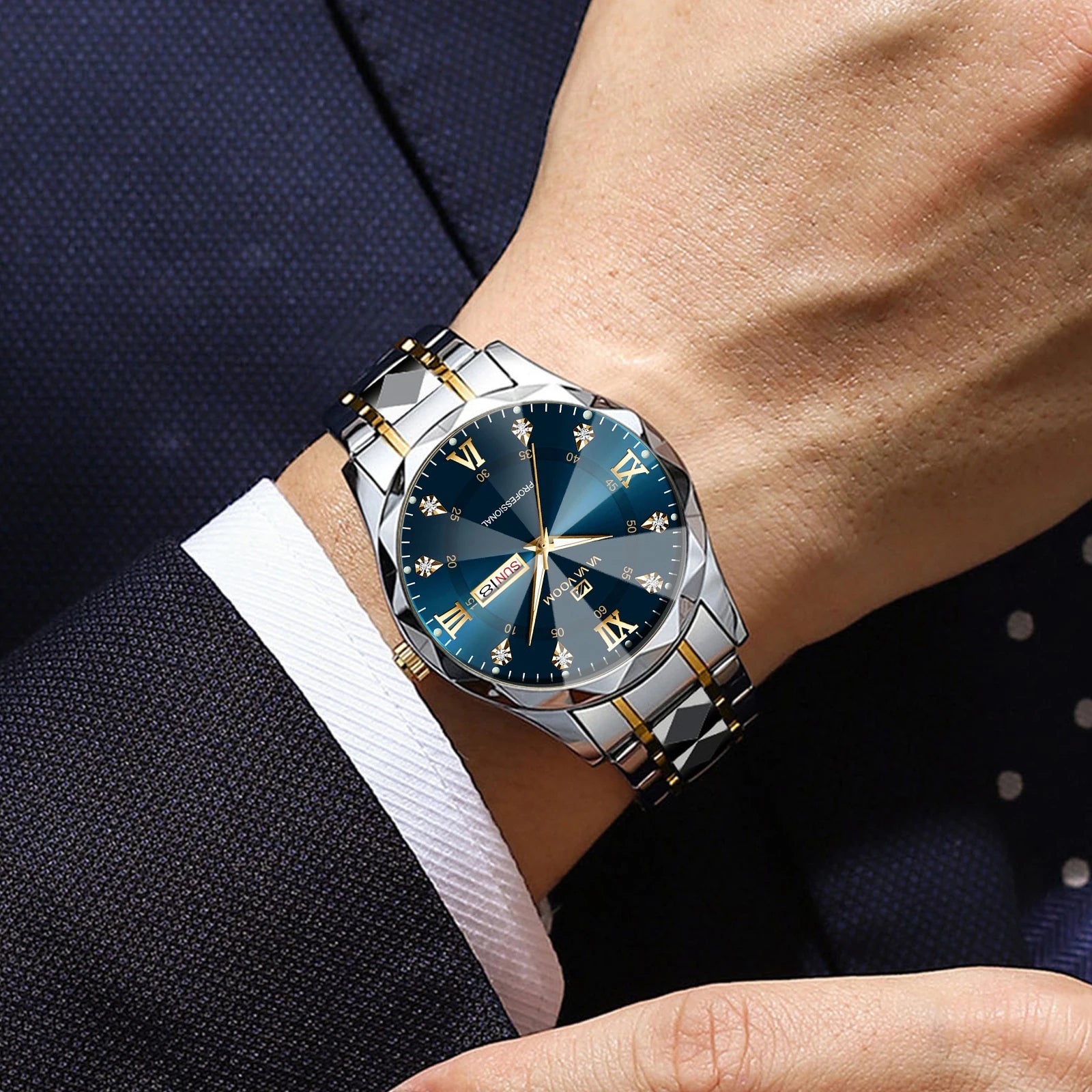 Men Watch Water Diamond Luxury Night Glow Double Calendar