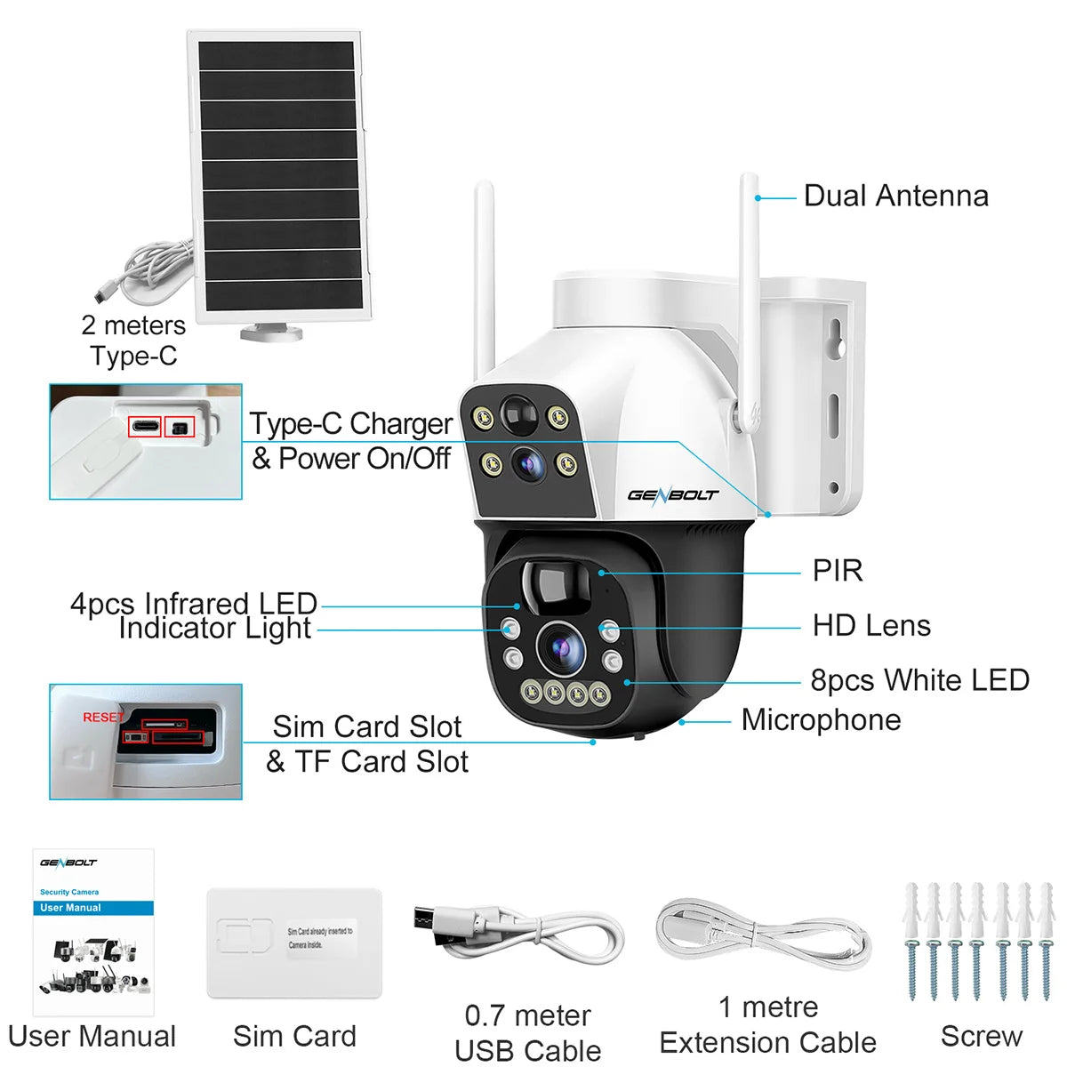 GENBOLT 4G SIM Solar Camera 4X Zoom Wireless Outdoor