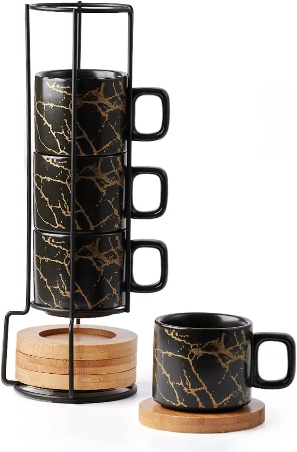 4-Ounce Stackable Porcelain Espresso Cup Set with Saucers and Metal Stand