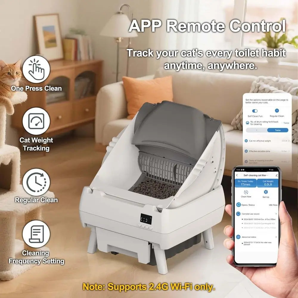 Cat Litter Box Self Cleaning - App Control, Open-Design, Smart Health Monitor