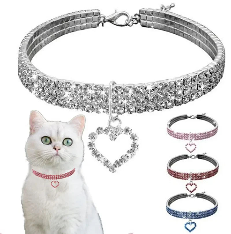 2025 New Cat Dog Collar Three Row Elastic Rhinestone