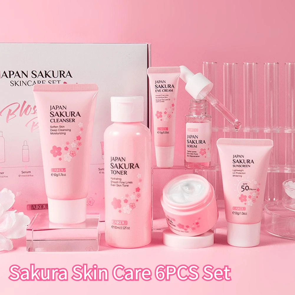 6pcs/Set Sakura Skin Care Sets Face Cream Serum Toner Facial Cleanser