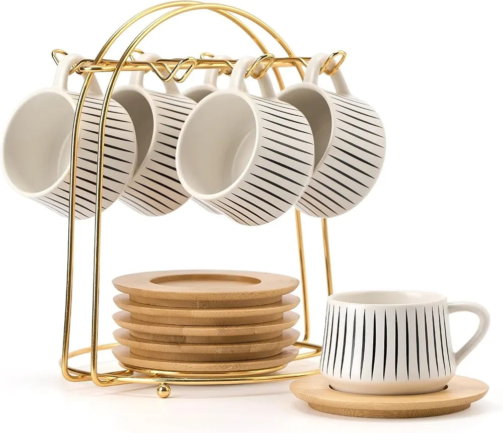 Ceramic Espresso Cup Set with Saucers and Metal Holder,
