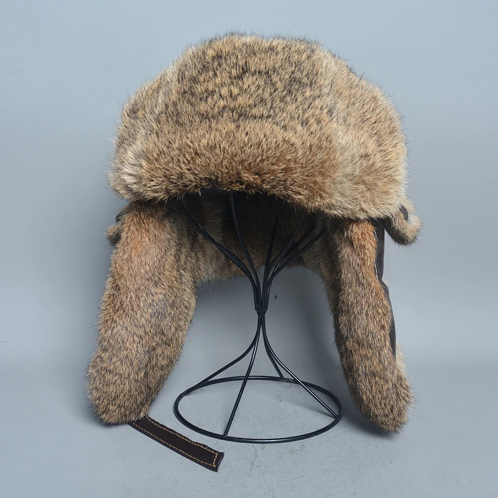 New Winter Men  Rabbit Fur Bomber Hat Genuine Sheepskin Leather