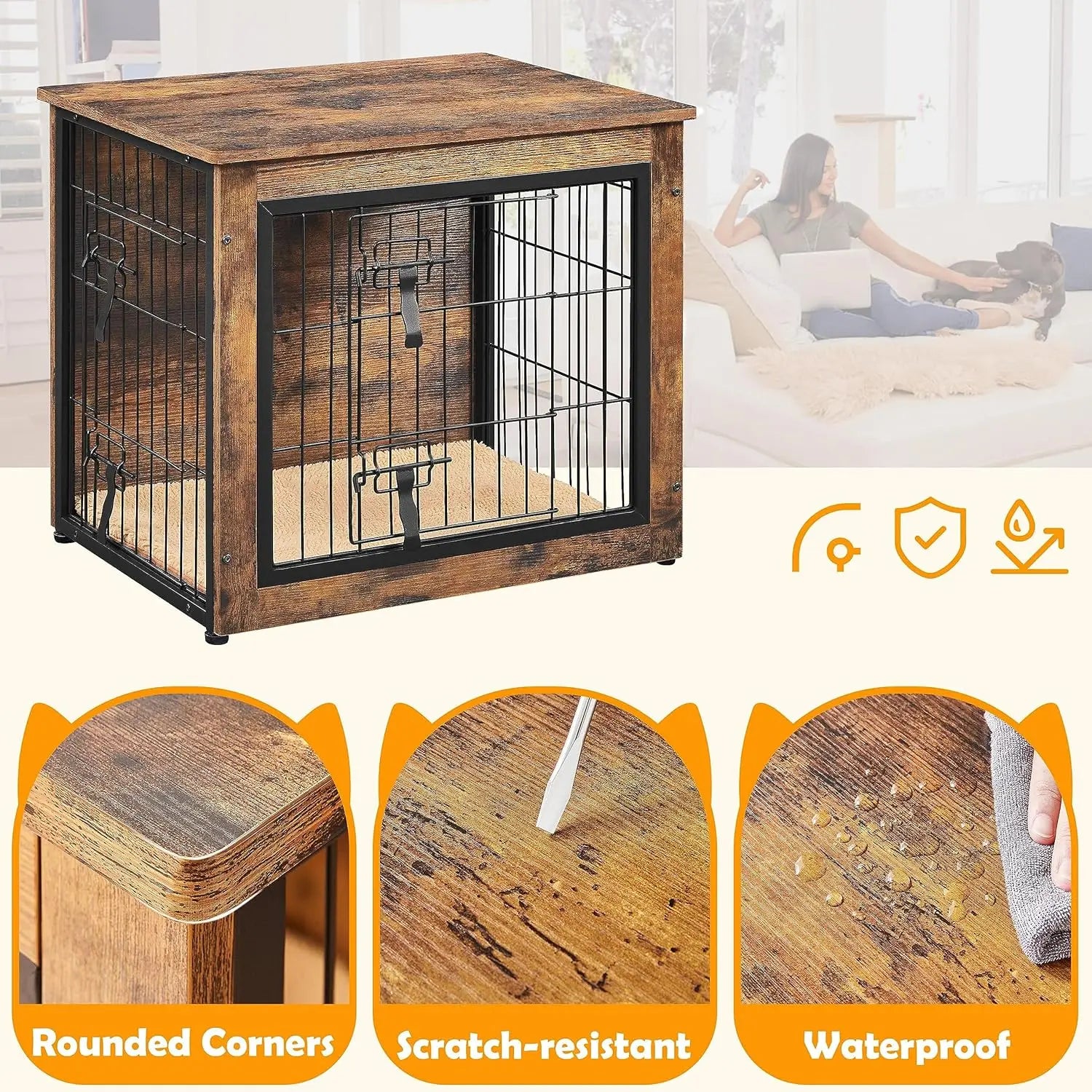 27.5 Inch Wooden Dog Crate with Cushion, Double Door Kennel Side Table