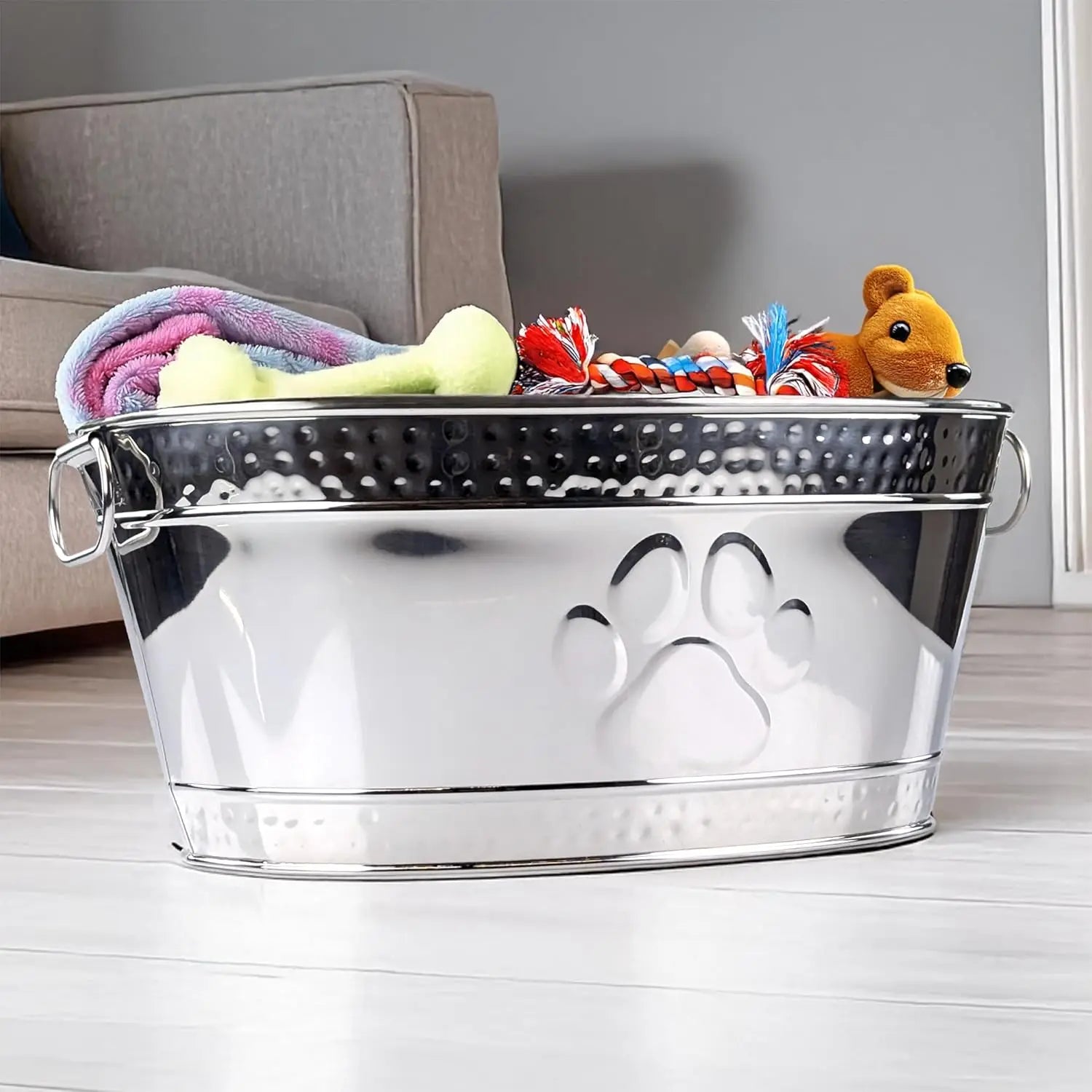 Durable Steel Dog Toy Basket with Handles, Pet Storage Box for Aggressive Chewers -