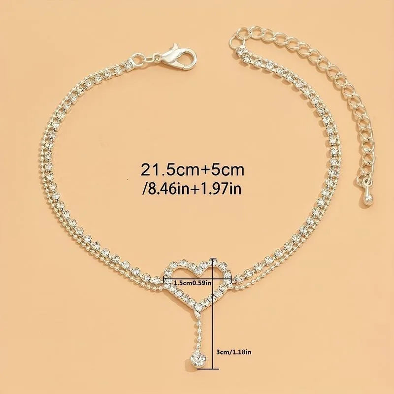 Exquisite Shiny Double Layer Anklet Silvery Heart Drop Rhinestone