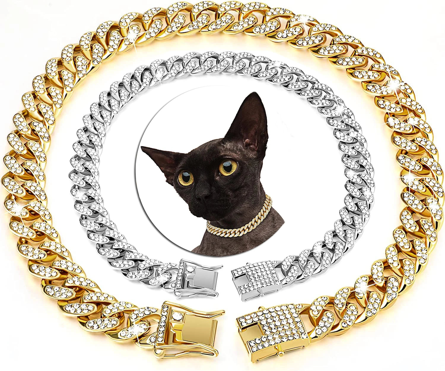 Luxury Cuban Link Cat Necklace Jewelry Rhinestone Collar Cat Gold Chain