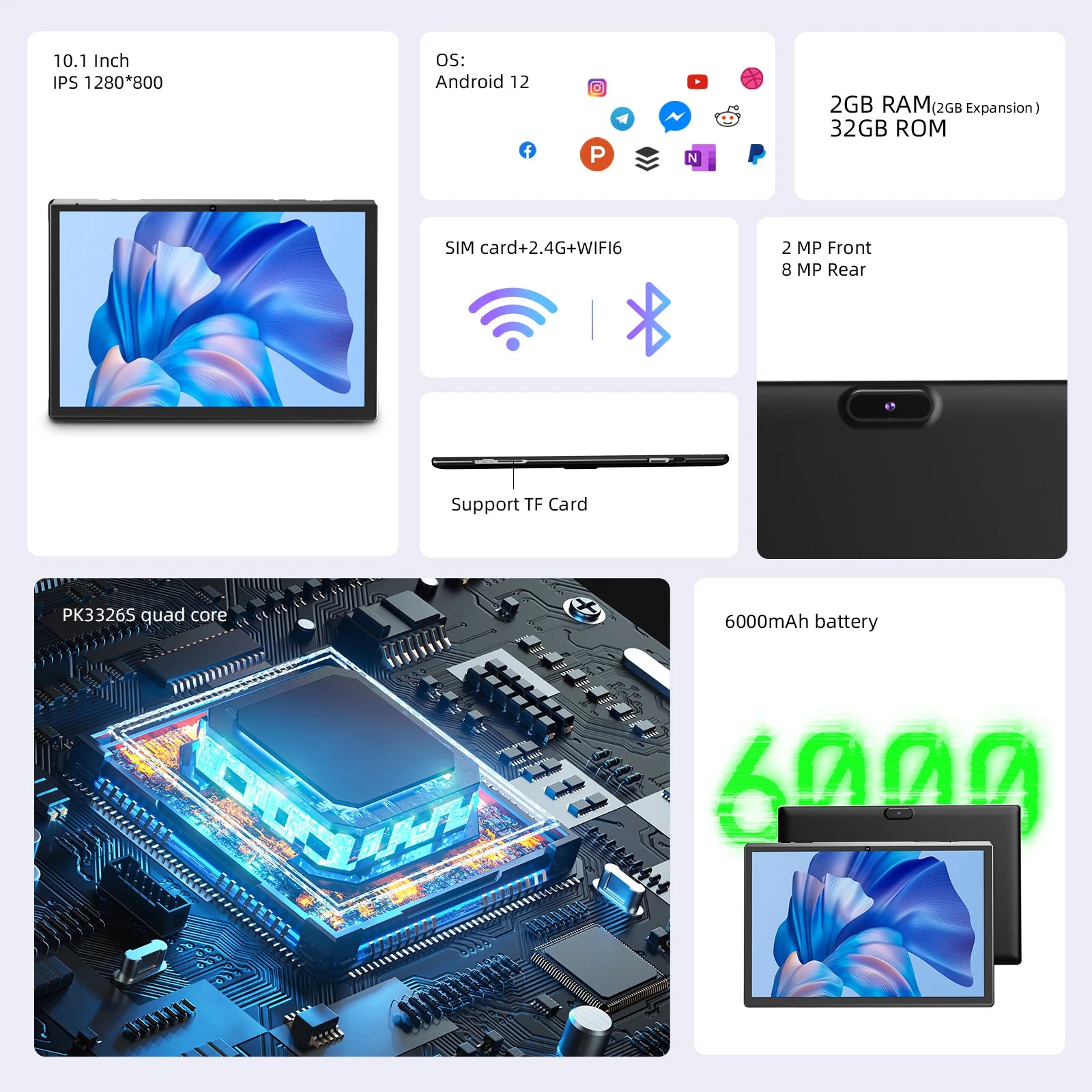 10 inch Android 14 Tablet, RK3326S 4-Core 4GB (2GB+2GB Expansion)