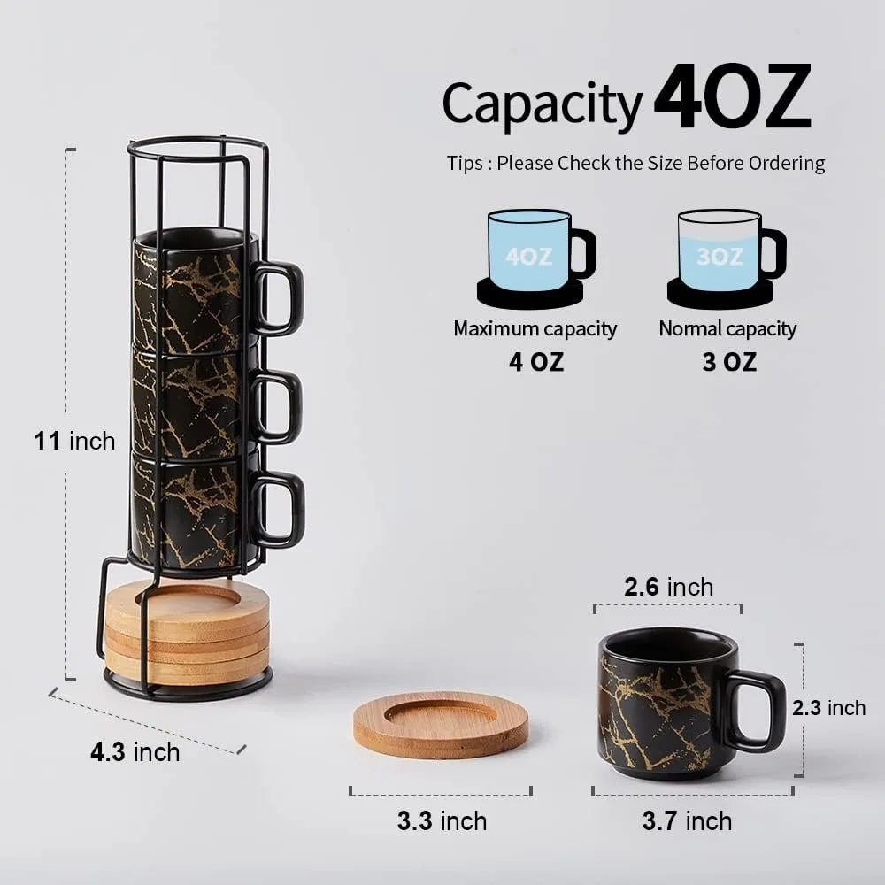 4-Ounce Stackable Porcelain Espresso Cup Set with Saucers and Metal Stand