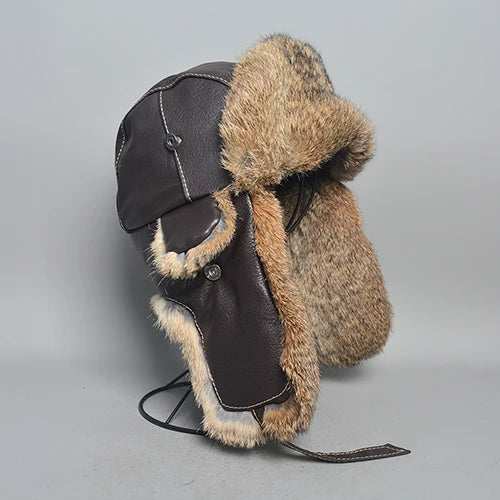 New Winter Men  Rabbit Fur Bomber Hat Genuine Sheepskin Leather