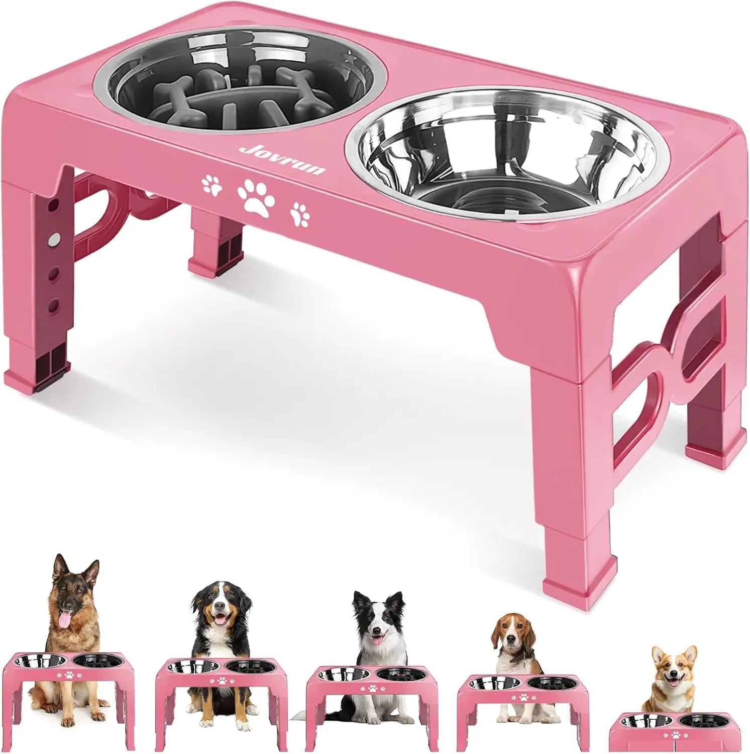 5 Heights Adjustable Elevated Dog Bowls Stainless Steel Slow Feeder Bowl Anti-Slip Raised Stand for Medium Large Dogs