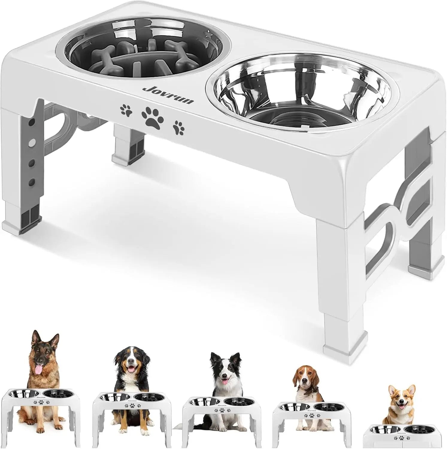 5 Heights Adjustable Elevated Dog Bowls Stainless Steel Slow Feeder Bowl Anti-Slip Raised Stand for Medium Large Dogs