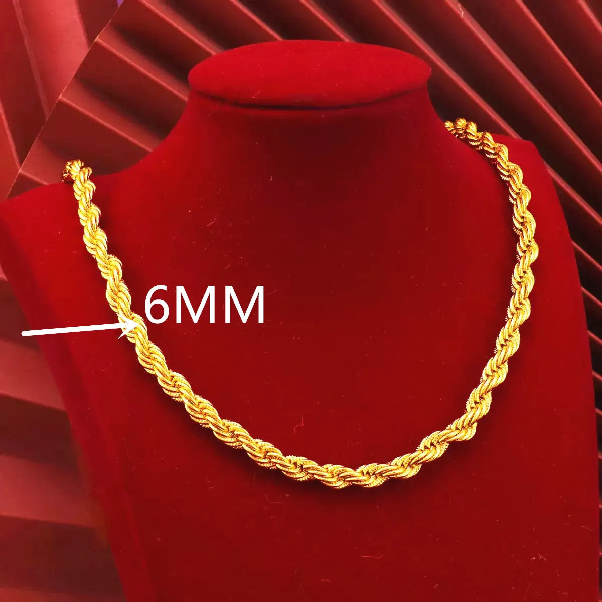 24K Gold 6MM Twisted Rope Necklace for Men And Women AU999 Real Gold 22-28 Inch Long Jewelry