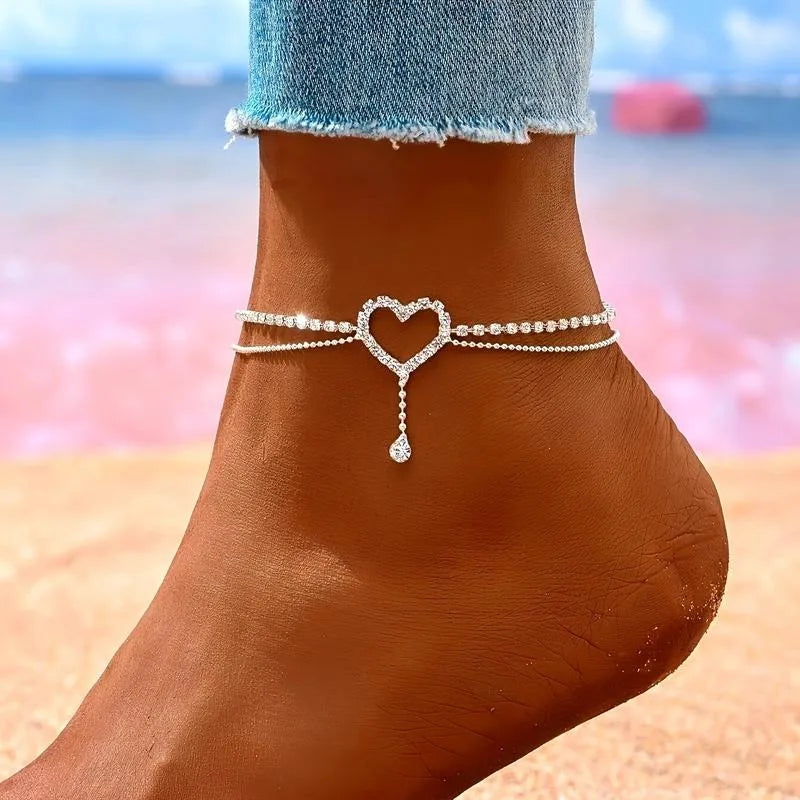 Exquisite Shiny Double Layer Anklet Silvery Heart Drop Rhinestone