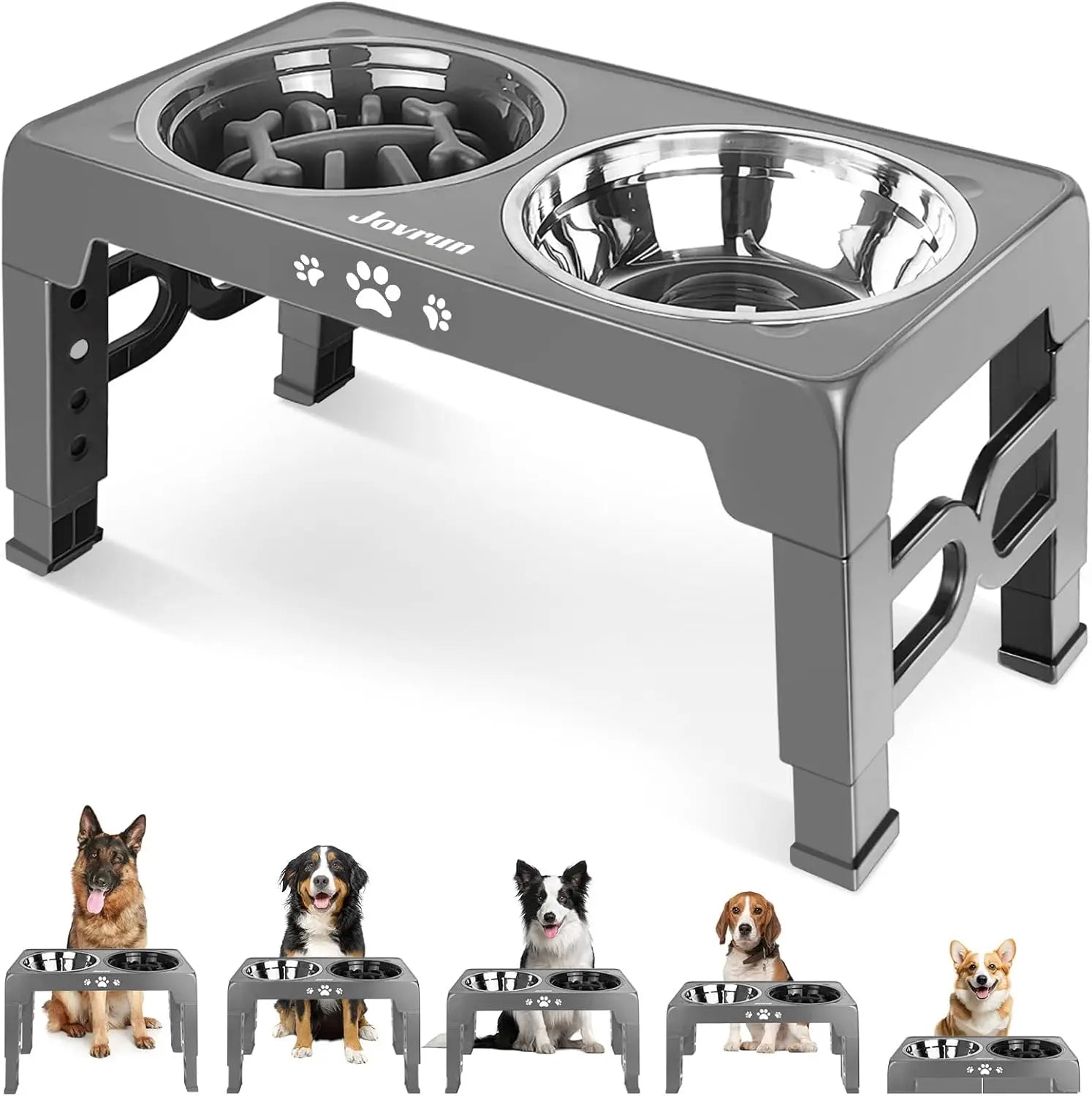 5 Heights Adjustable Elevated Dog Bowls Stainless Steel Slow Feeder Bowl Anti-Slip Raised Stand for Medium Large Dogs