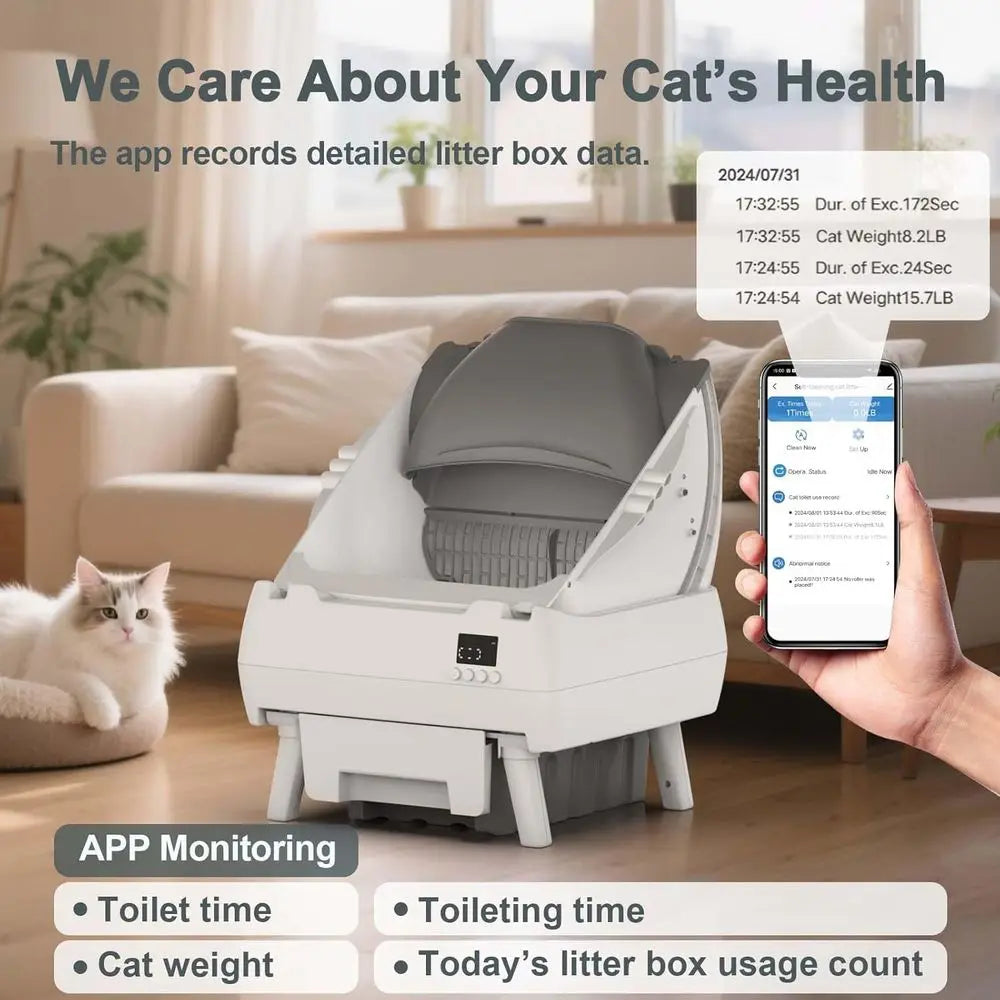 Cat Litter Box Self Cleaning - App Control, Open-Design, Smart Health Monitor