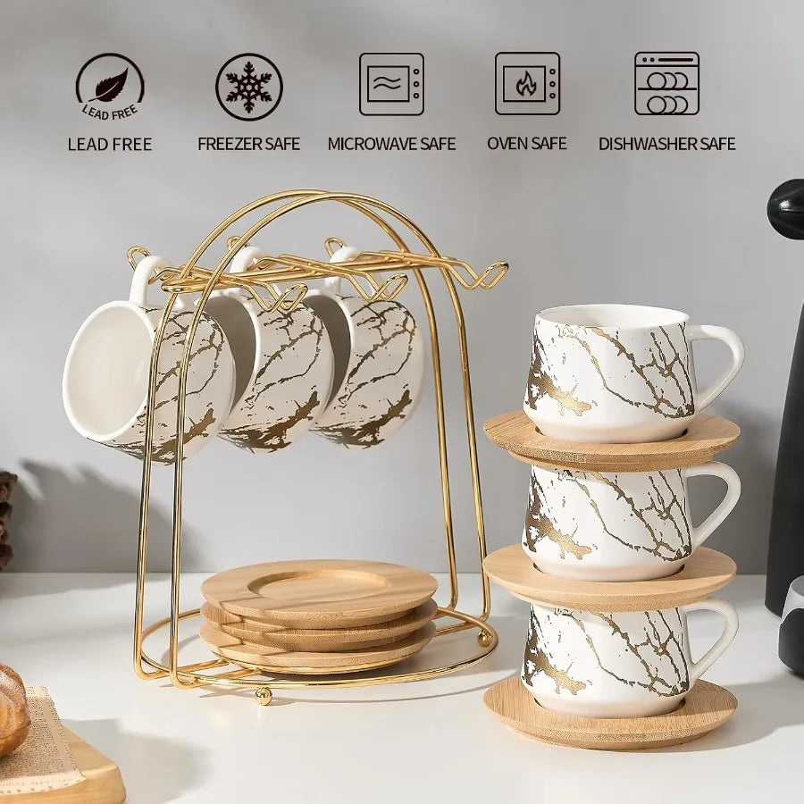 Ceramic Espresso Cups with Saucers and Metal Stand Small 4 oz Porcelain Demitasse Cups