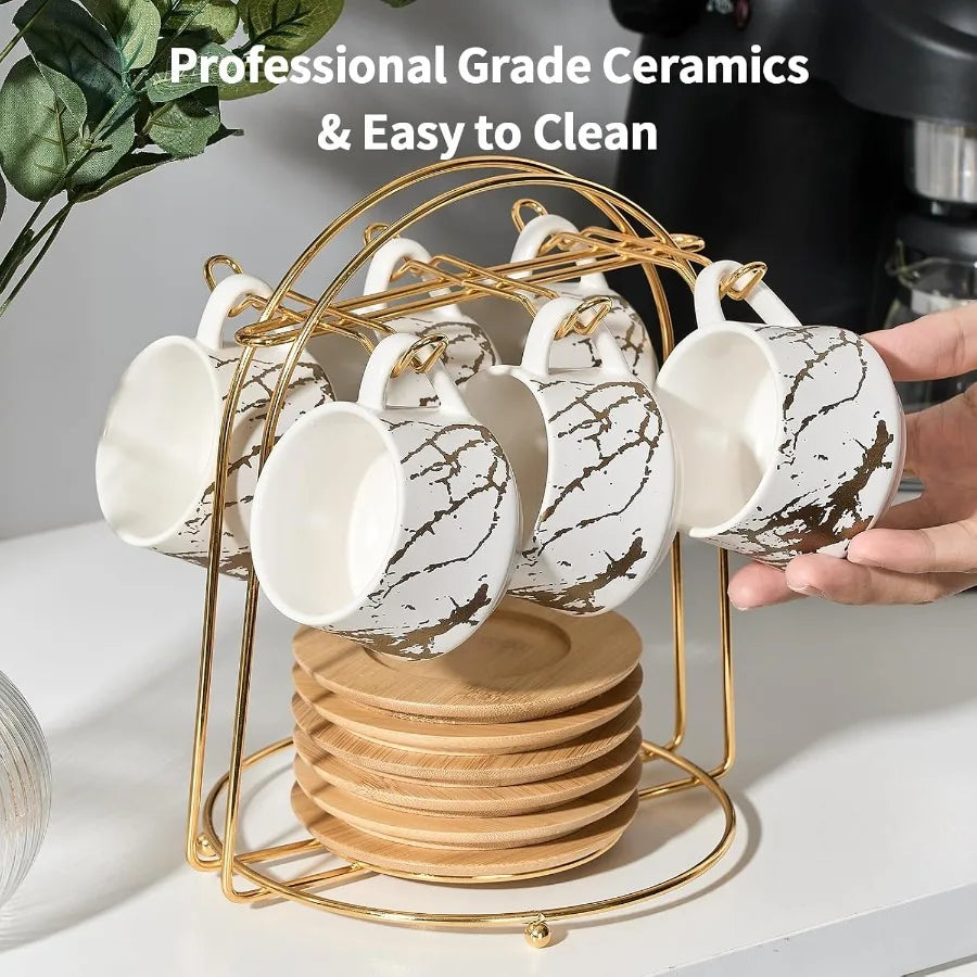 Ceramic Espresso Cups with Saucers and Metal Stand Small 4 oz Porcelain Demitasse Cups