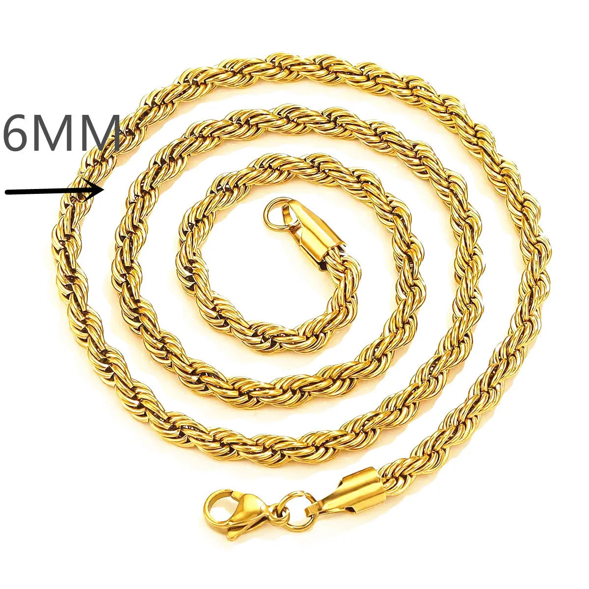 24K Gold 6MM Twisted Rope Necklace for Men And Women AU999 Real Gold 22-28 Inch Long Jewelry