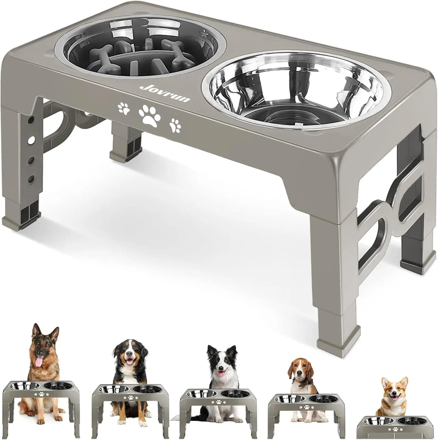 5 Heights Adjustable Elevated Dog Bowls Stainless Steel Slow Feeder Bowl Anti-Slip Raised Stand for Medium Large Dogs