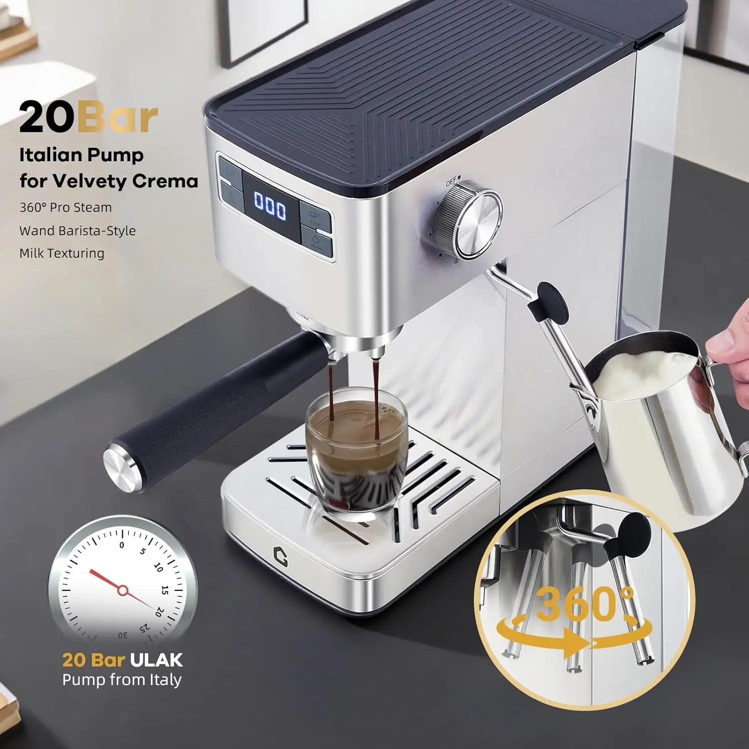 20-Bar Espresso Machine With Steam Milk Frother Stainless Steel 34oz