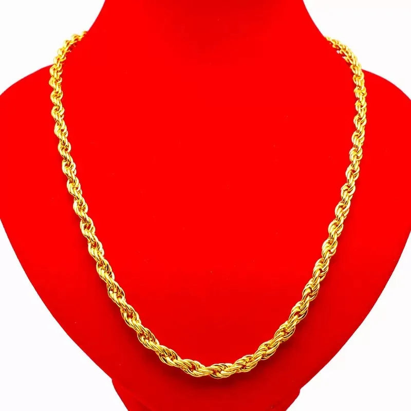 24K Gold 6MM Twisted Rope Necklace for Men And Women AU999 Real Gold 22-28 Inch Long Jewelry
