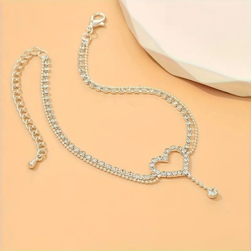 Exquisite Shiny Double Layer Anklet Silvery Heart Drop Rhinestone