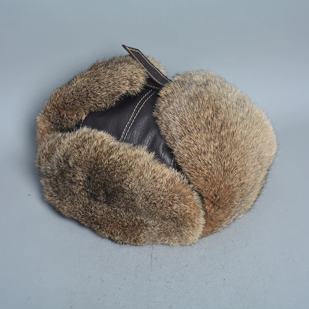 New Winter Men  Rabbit Fur Bomber Hat Genuine Sheepskin Leather