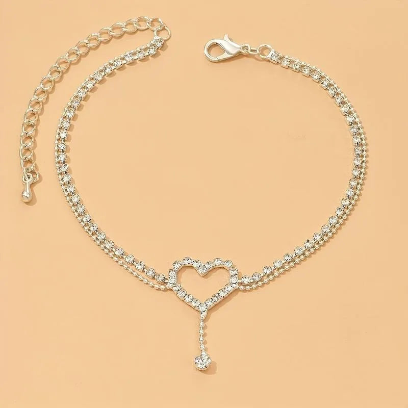 Exquisite Shiny Double Layer Anklet Silvery Heart Drop Rhinestone